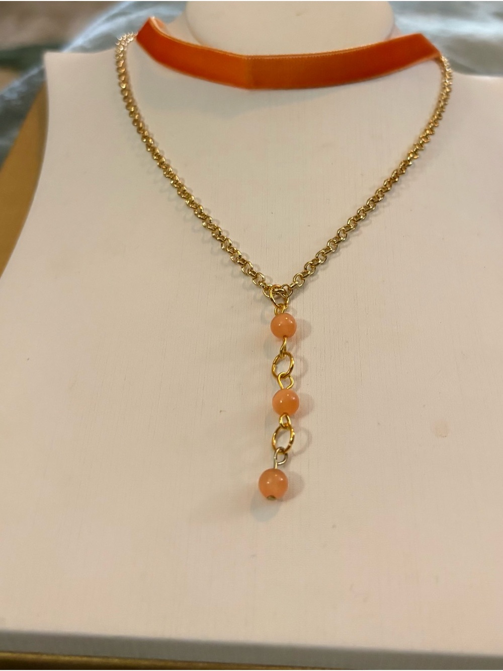 Gold Chain Necklace with Coral Bead Drop by